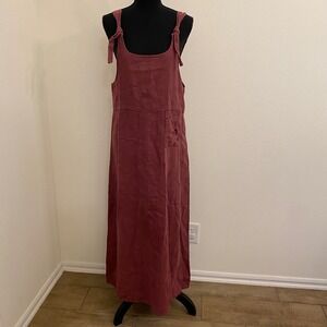 VTG Smith & Hawken Jumper Dress M Linen Tank Maxi Tie Strap Embroidered Pocket